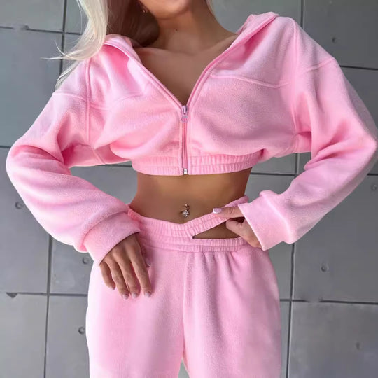 Damen sportliches Fleece-Set mit cropped Hoodie und elastischer Hose Heidi-Mode