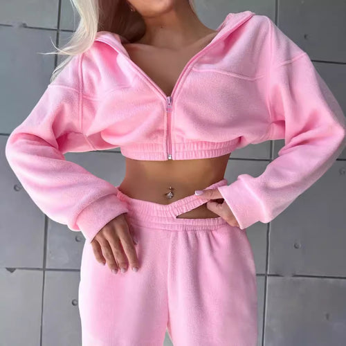 Damen sportliches Fleece-Set mit cropped Hoodie und elastischer Hose Heidi-Mode
