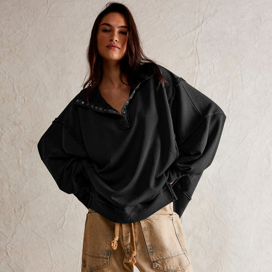 Damen Oversize Pullover mit Kragen und Druckknöpfen Heidi-Mode