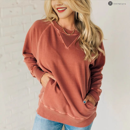 Damen lässiger V-Ausschnitt Sweatshirt mit Raglanärmeln und seitlichen Taschen Heidi-Mode