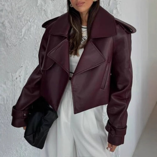 Damen Kunstlederjacke im modischen Biker-Stil mit breitem Revers Heidi-Mode