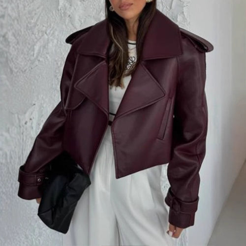 Damen Kunstlederjacke im modischen Biker-Stil mit breitem Revers Heidi-Mode