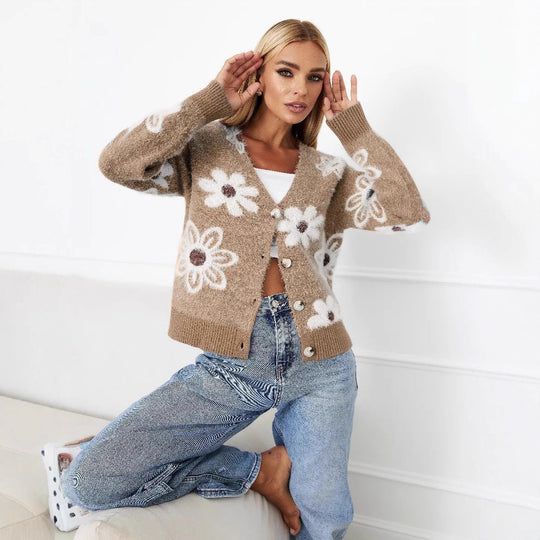 Damen Strickjacke mit floralem Muster und komfortabler Passform Heidi-Mode