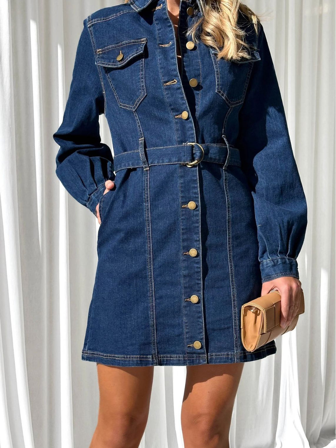 Damen Jeanshemd Kleid mit tailliertem Schnitt und Gürtel Heidi-Mode
