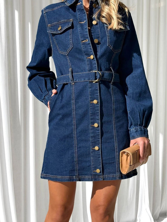 Damen Jeanshemd Kleid mit tailliertem Schnitt und Gürtel Heidi-Mode