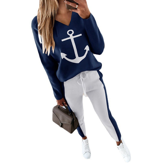 Heidi-Mode | Langarm V-Ausschnitt Anker Grafik Shirt