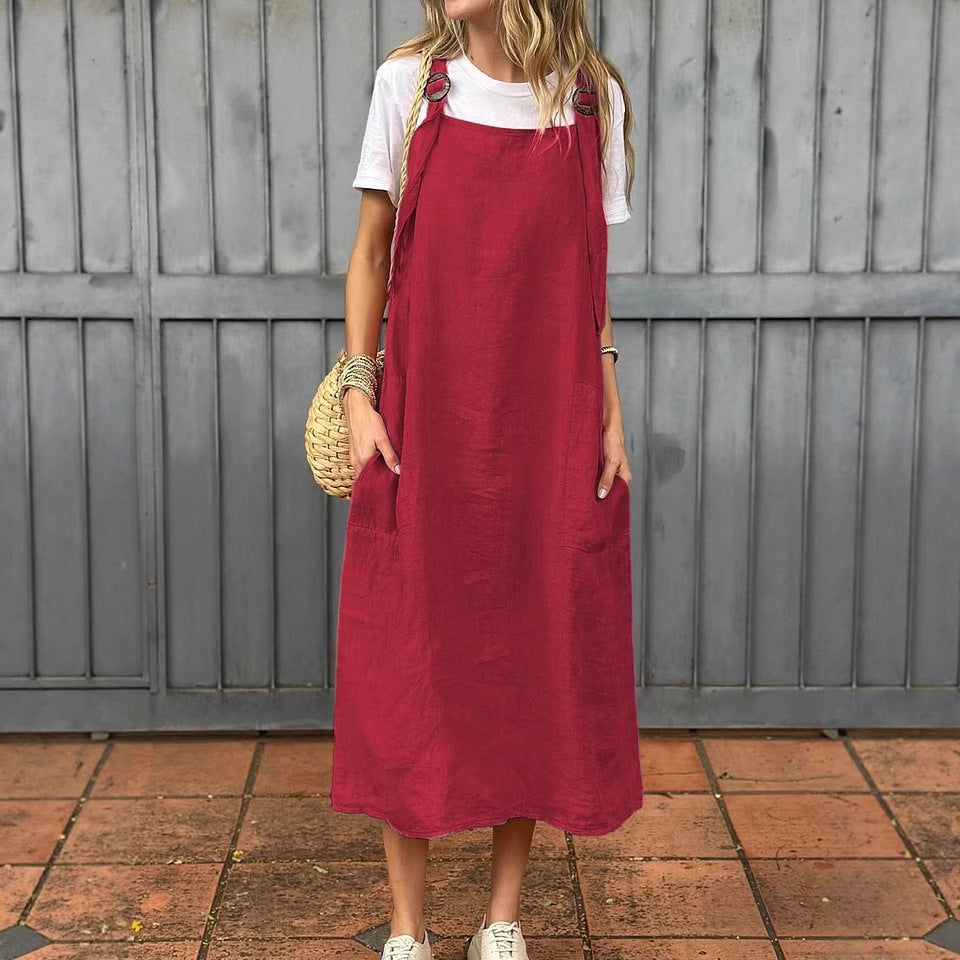 Damen lässiges Leinen-Trägerkleid mit praktischen Taschen Heidi-Mode