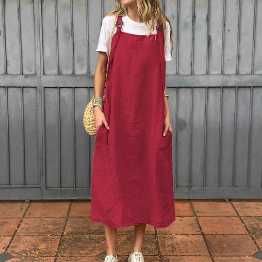 Damen lässiges Leinen-Trägerkleid mit praktischen Taschen Heidi-Mode