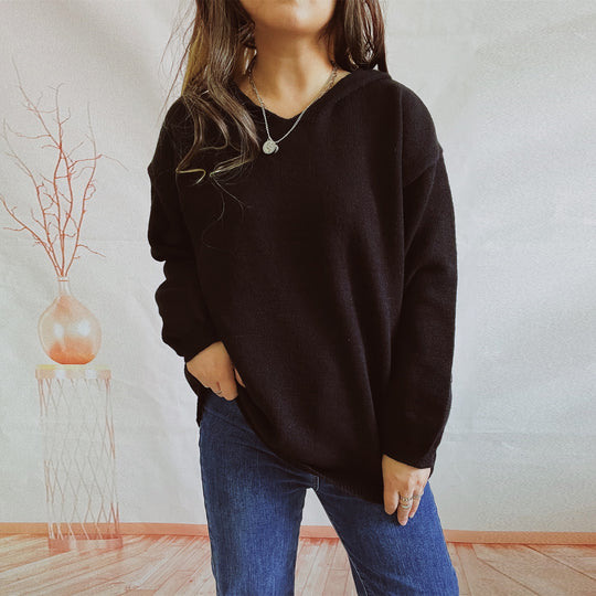 Damen lässiger Strickpullover mit Kapuze und weiten Ärmeln Heidi-Mode