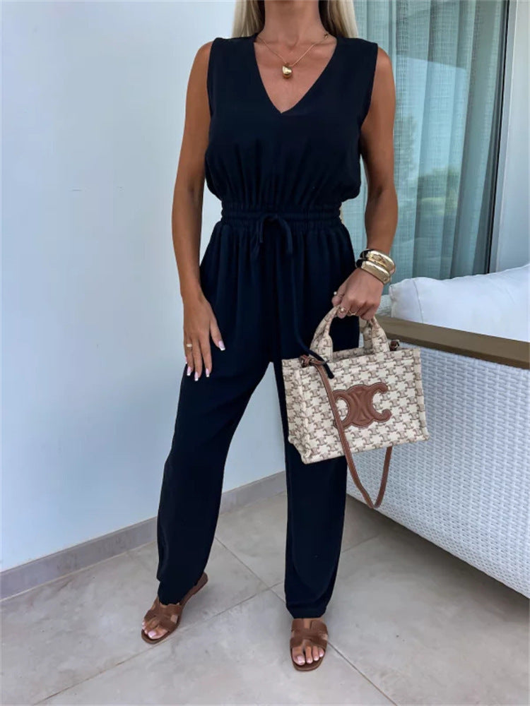Damen eleganter Jumpsuit mit Taillenkordel und weitem Bein Heidi-Mode