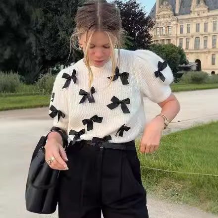 Damen modischer Strickpullover mit Puffärmeln und dekorativen Schleifen Heidi-Mode