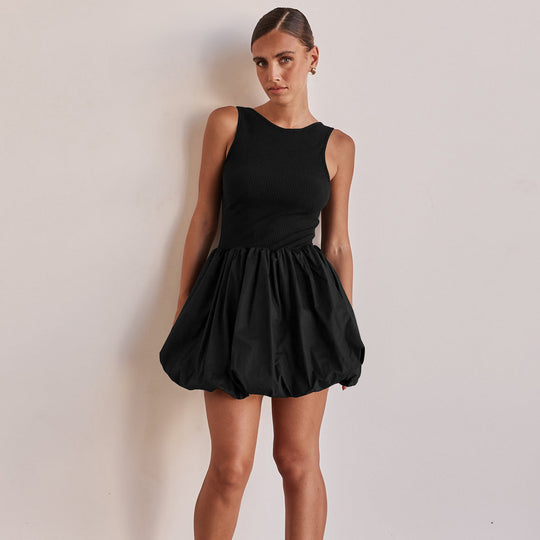 Damen trendiges Ballonkleid mit körperbetontem Oberteil und fließendem Rock Heidi-Mode