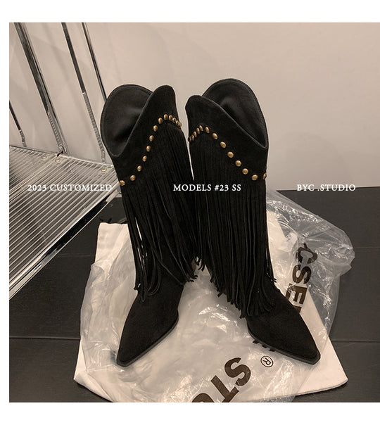 Damen Fransen Stiletto Kniehohe Stiefel mit dekorativen Nieten Heidi-Mode