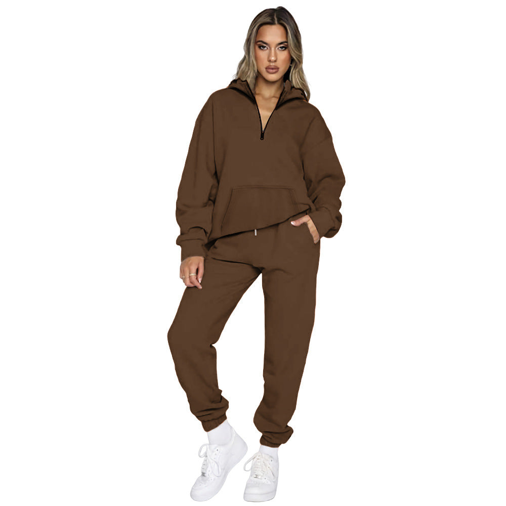 Damen gemütlicher Two-Piece Sweatsuit mit halbem Reißverschluss und praktischen Taschen Heidi-Mode