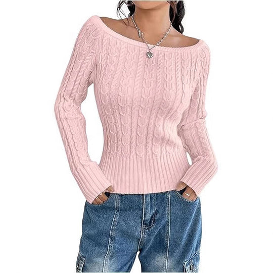 Damen Grobstrick Pullover mit offener Schulterpartie und Zopfmuster Heidi-Mode
