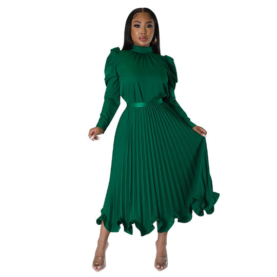 Damen elegantes Plissee-Kleid mit hochgeschlossenem Kragen und Volants Heidi-Mode