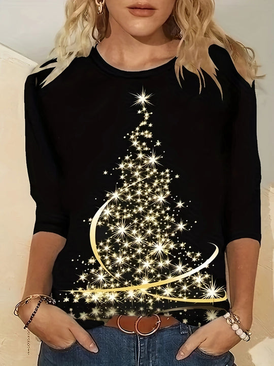 Damen lässiges Langarmshirt mit festlichem Weihnachtsbaumdesign Heidi-Mode