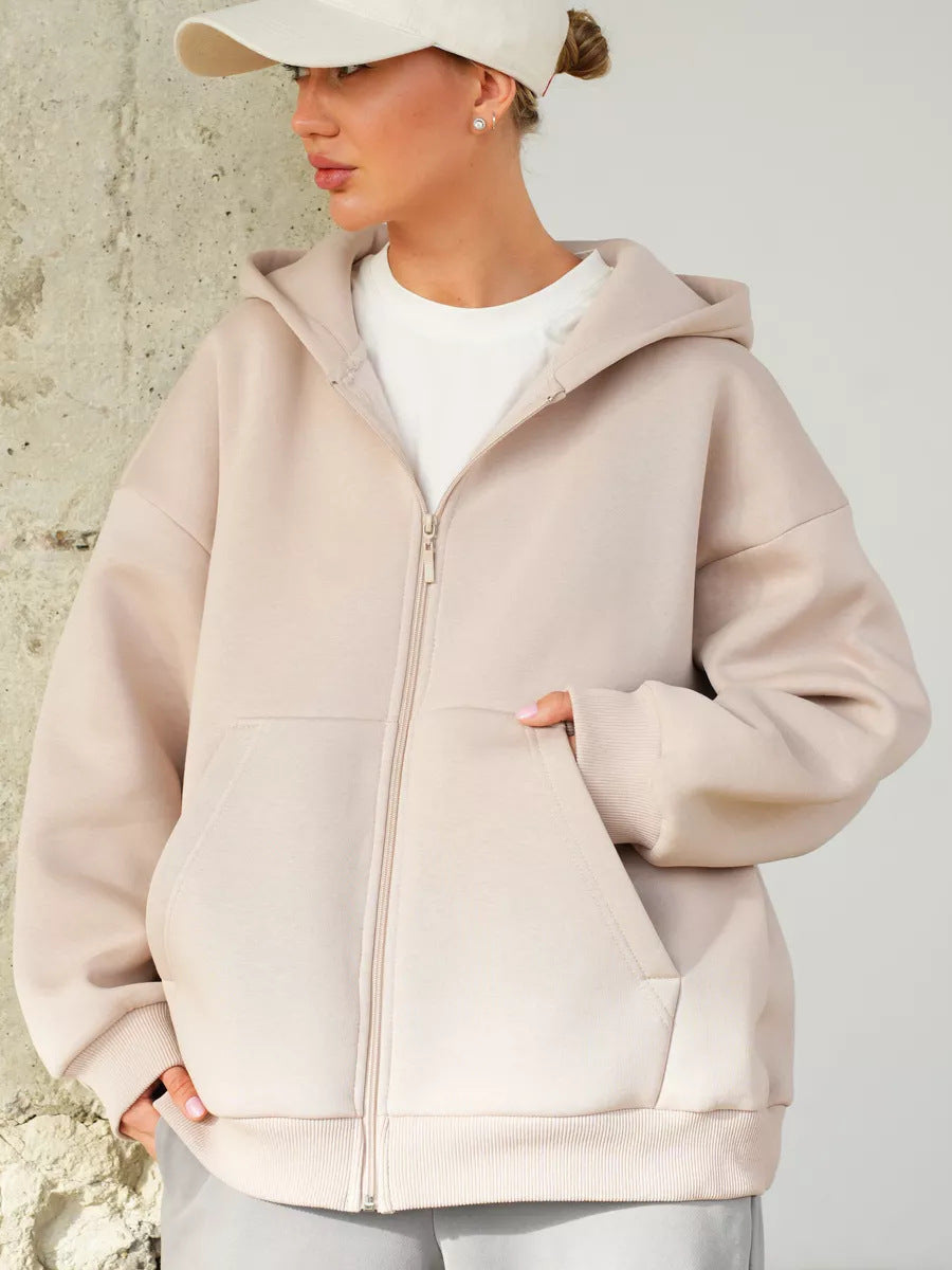 Damen oversized Kapuzenjacke mit durchgehendem Reißverschluss und großen Taschen Heidi-Mode