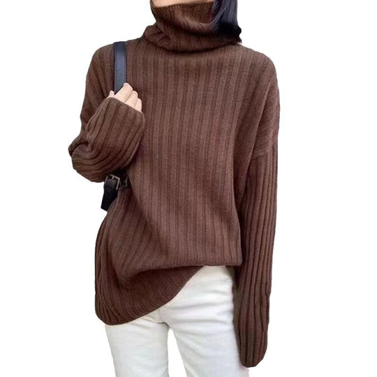 Damen Hochgeschlossenes Strickoberteil mit asymmetrischem Schnitt und feiner Rippstruktur Heidi-Mode
