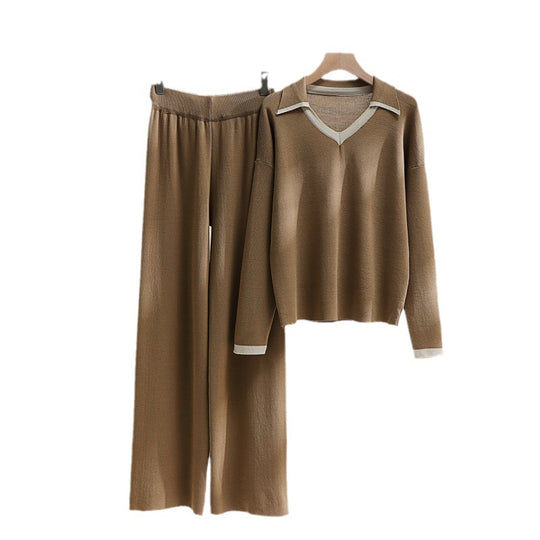 Damen gemütliches Strick-Loungewear-Set mit kontrastierendem Kragen und weitem Bein Heidi-Mode