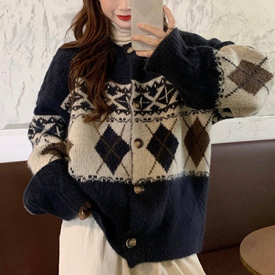 Damen Grobstrickjacke mit dekorativem Norwegermuster Heidi-Mode