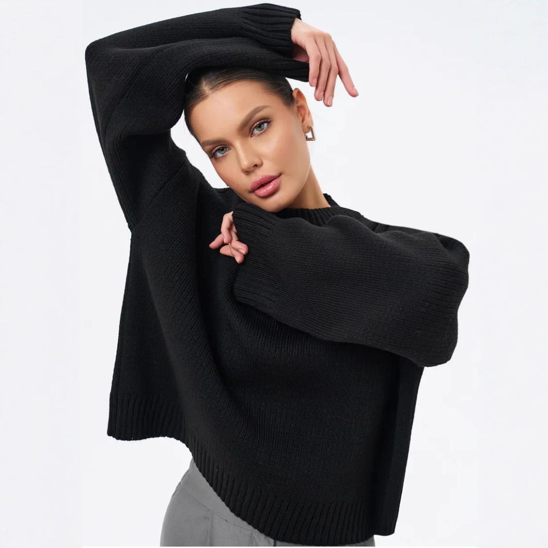 Damen gemütlicher Cropped-Pullover mit lässigen Ballonärmel und Rippstruktur Heidi-Mode