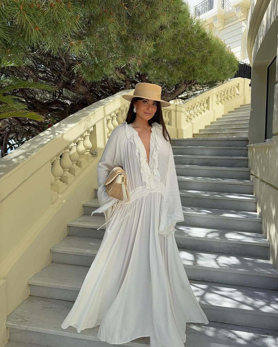 Damen Maxi-Kleid mit elegantem Rüschendesign und tiefem V-Ausschnitt Heidi-Mode