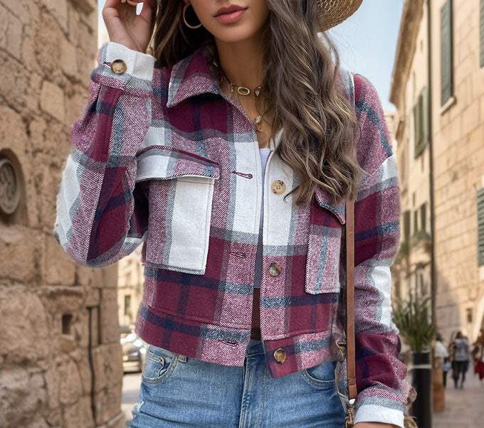 Damen Karierte Baumwolljacke mit modischem Schnitt und Taschen Heidi-Mode