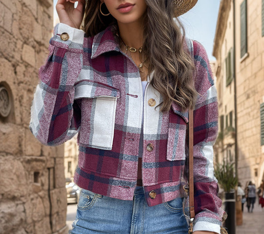 Damen Karierte Baumwolljacke mit modischem Schnitt und Taschen Heidi-Mode