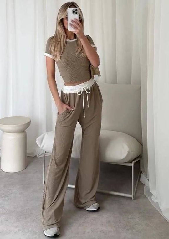 Damen lässiges Cropped Lounge-Set mit weicher Rippstruktur und bequemen Hosen Heidi-Mode