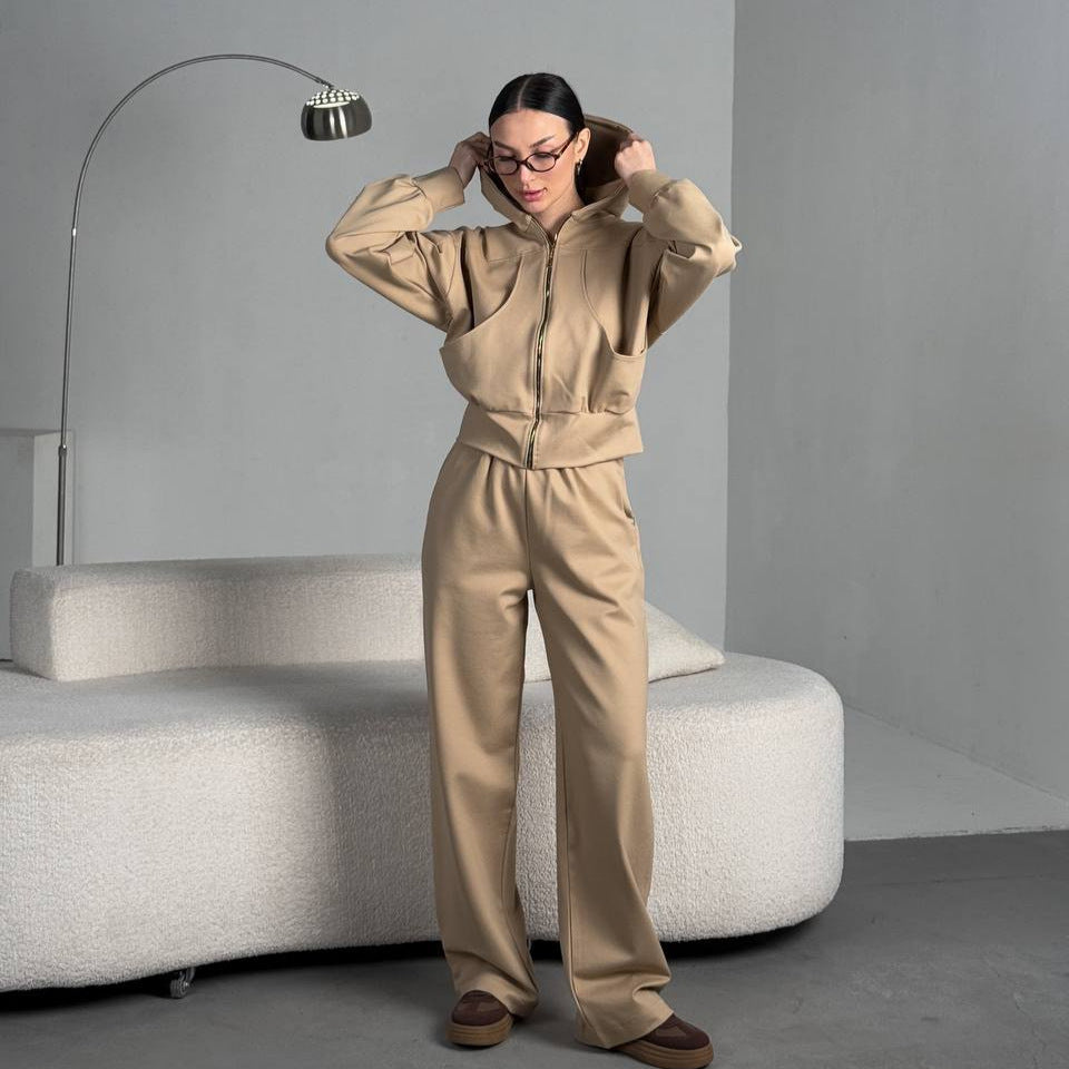 Damen angeschnittene Kapuzenjacke mit Reißverschluss und Taschen Heidi-Mode