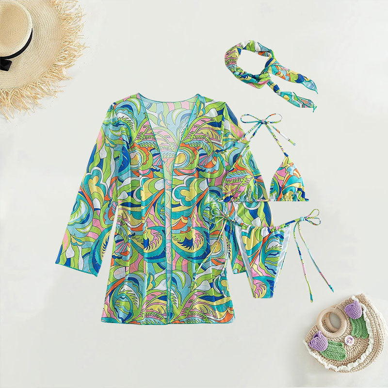 Damen Bikiniset mit leichtem, transparentem Kimono und verspieltem Muster Heidi-Mode