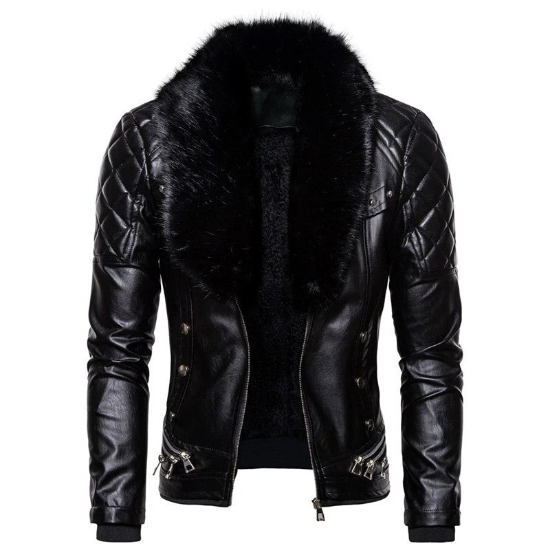 Herren stylische Kunstlederjacke mit Plüschkragen Heidi-Mode