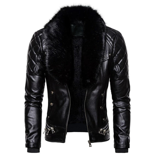 Herren stylische Kunstlederjacke mit Plüschkragen Heidi-Mode
