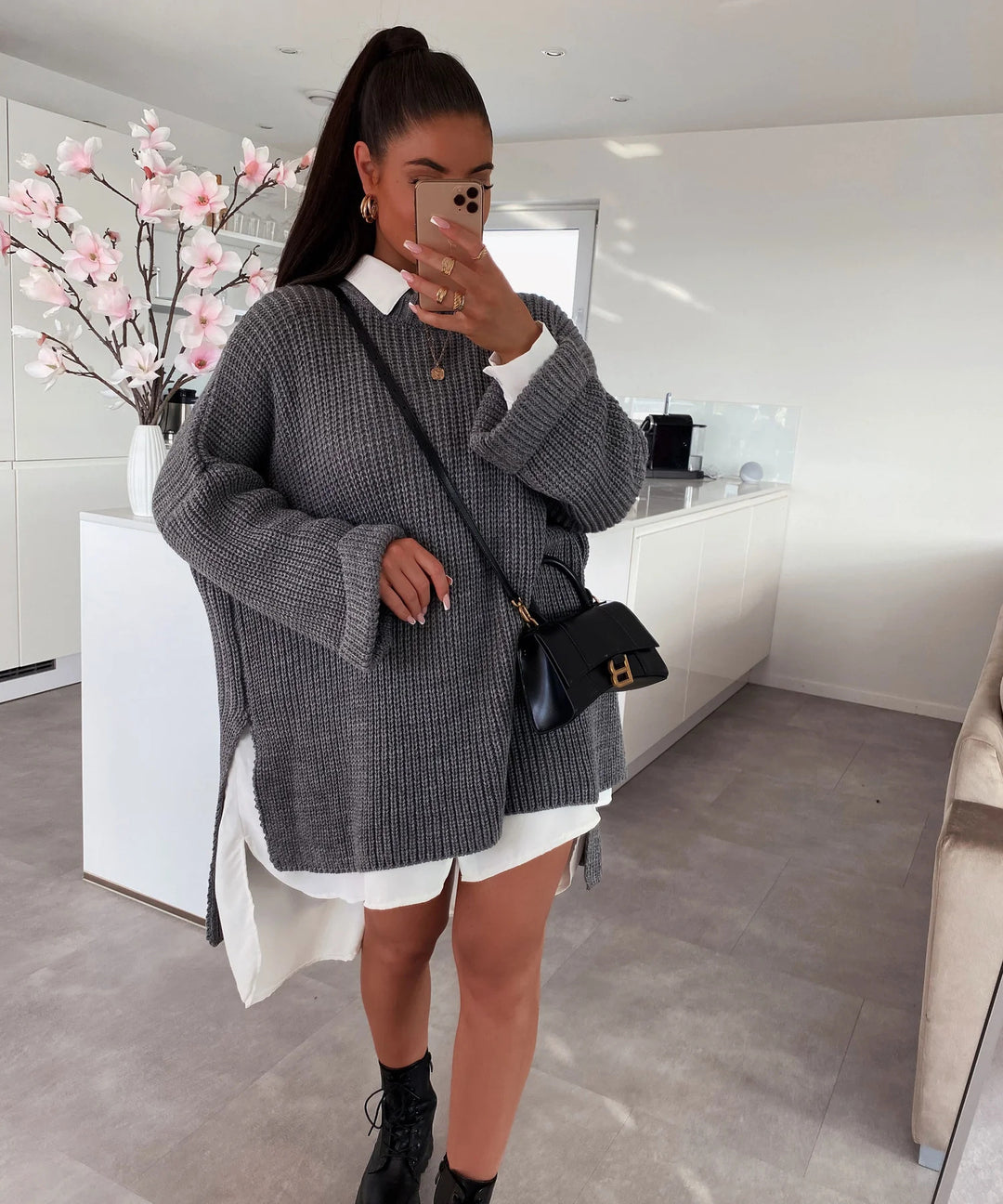 Damen grob gestrickter Oversize-Pullover mit V-Ausschnitt und lässigem Schnitt Heidi-Mode