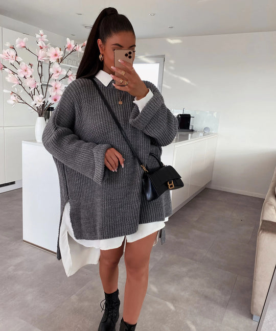 Damen grob gestrickter Oversize-Pullover mit V-Ausschnitt und lässigem Schnitt Heidi-Mode