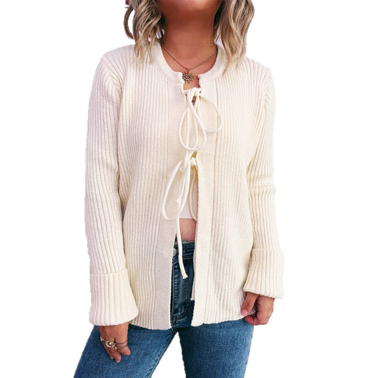 Damen Strickjacke mit dekorativem Schnürdesign und strukturiertem Material Heidi-Mode