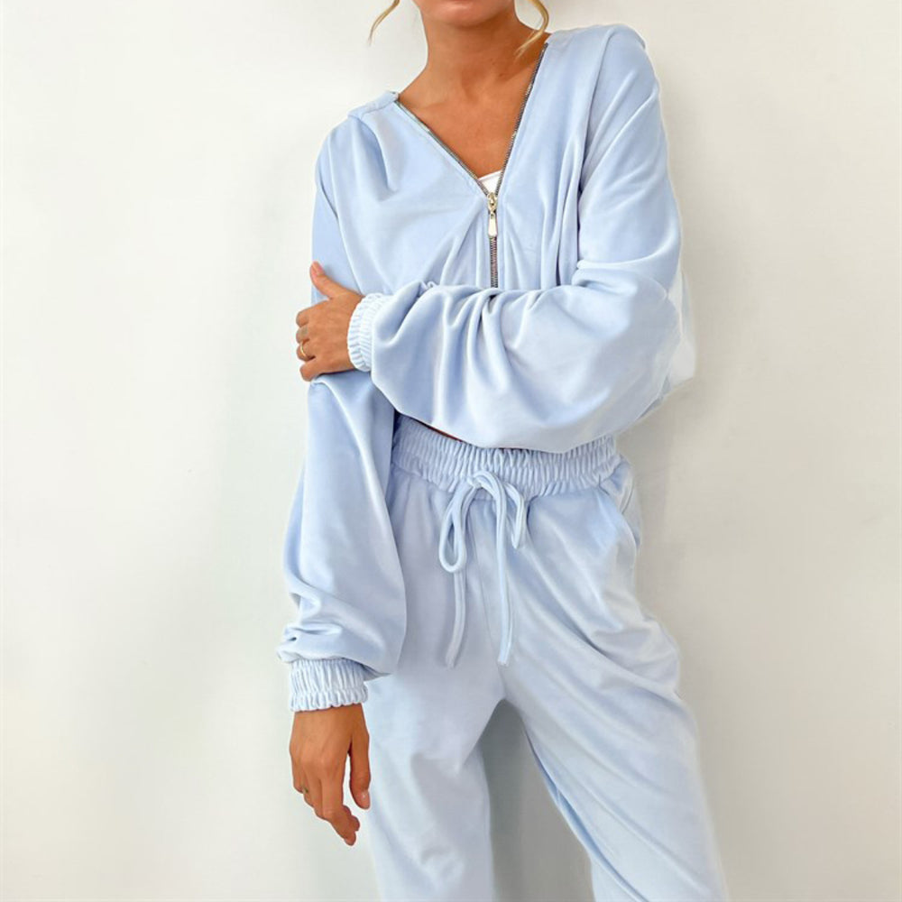 Damen sportlicher Fleece-Jogginganzug mit hohem Kragen und elastischem Bund Heidi-Mode