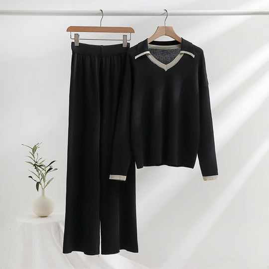 Damen gemütliches Strick-Loungewear-Set mit kontrastierendem Kragen und weitem Bein Heidi-Mode