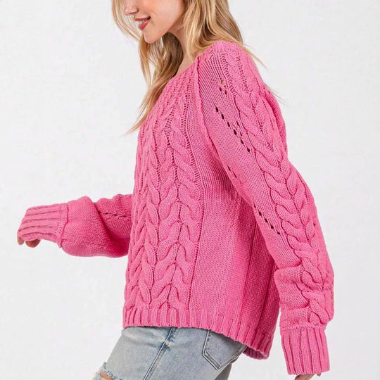 Damen Grobstrickpullover mit voluminösen Ärmeln und feinem Lochmuster Heidi-Mode