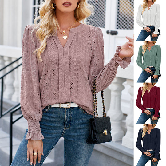 Damen Bluse mit elegantem Lochmuster und lässigem Schnitt Heidi-Mode