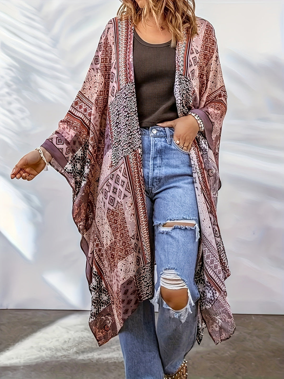 Damen Lässige Kimono-Jacke mit buntem Muster und weitem Schnitt Heidi-Mode