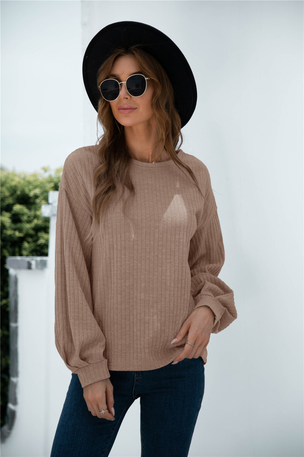 Damen lässiger Pullover mit Rippstruktur und Ballonärmeln Heidi-Mode