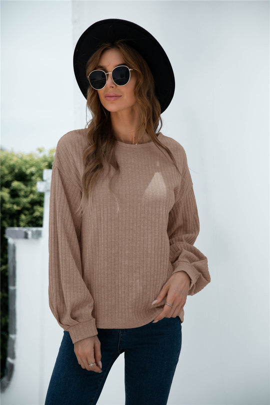 Damen lässiger Pullover mit Rippstruktur und Ballonärmeln Heidi-Mode
