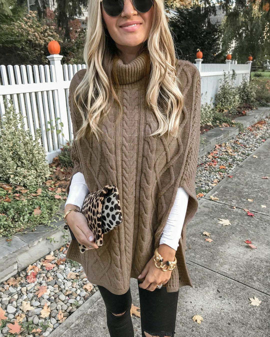 Damen Strickponcho mit hohem Kragen Heidi-Mode