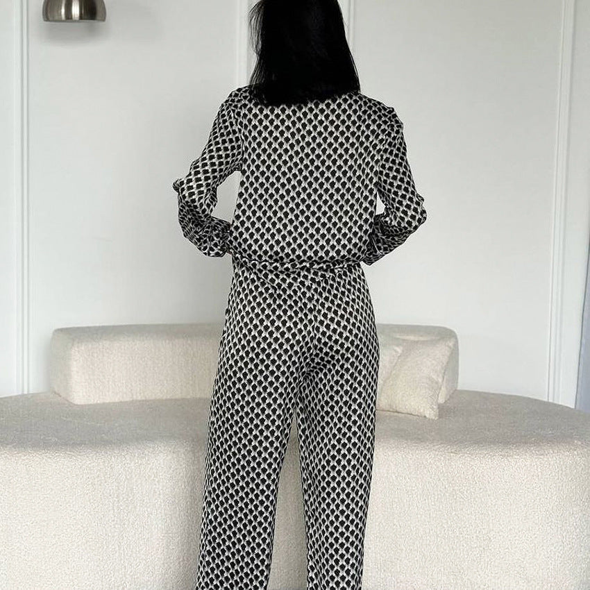 Heidi-Mode | Herbst Herbst Warm Karierte Lange Ärmel Hose Zwei Teile Set Hoch Gefühl Imitieren Seide Pyjama Frauen