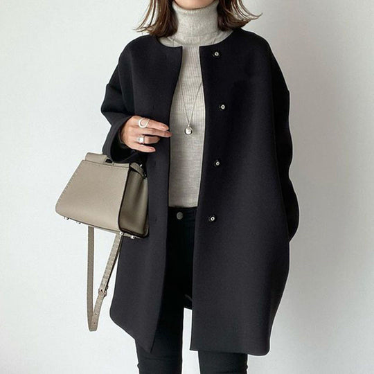 Damen Eleganter Oversized Wollmantel mit Doppelknopf-Verschluss und seitlichen Taschen Heidi-Mode