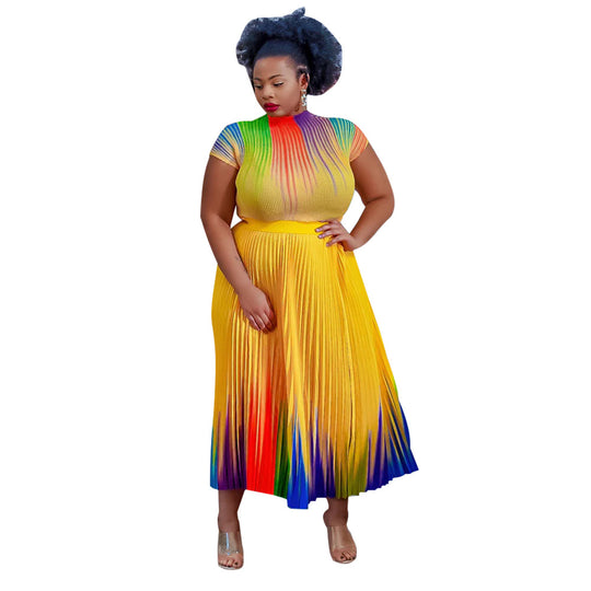 Damen Plissee-Kleid mit hohem Taillenbund und elegantem Farbharmoniedesign Heidi-Mode