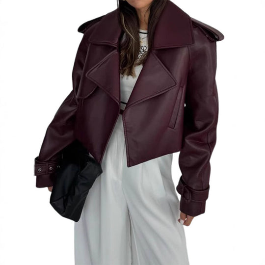 Damen Kunstlederjacke im modischen Biker-Stil mit breitem Revers Heidi-Mode