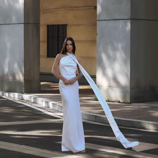 Damen Elegantes und fließendes Abendkleid mit asymmetrischem Ausschnitt Heidi-Mode